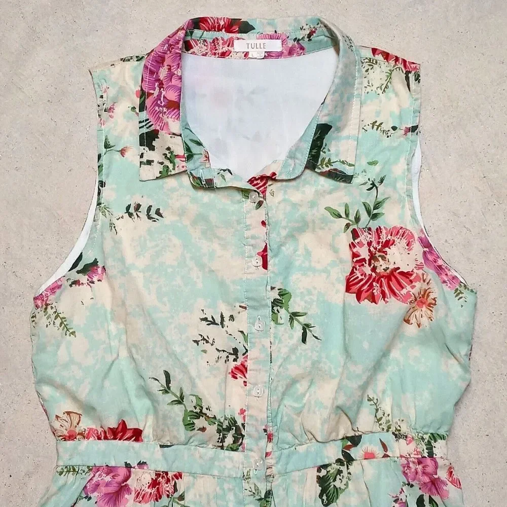 TULLE Brand Sleeveless Floral Rose Summer Spring Dress - Size Large - Picture 2 of 8